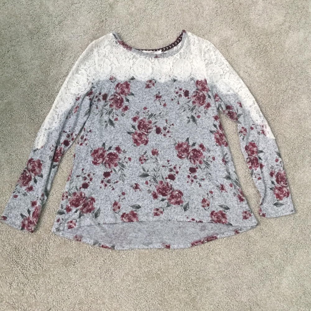Rewind Grey, Red Floral Lace Long Sleeve Size L Fall Winter